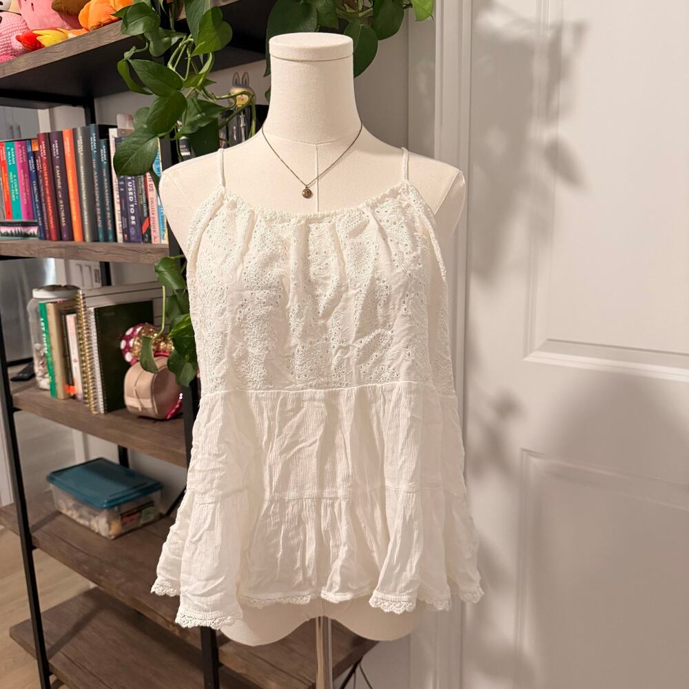 Rewind White Eyelet Peplum Camisole Tank